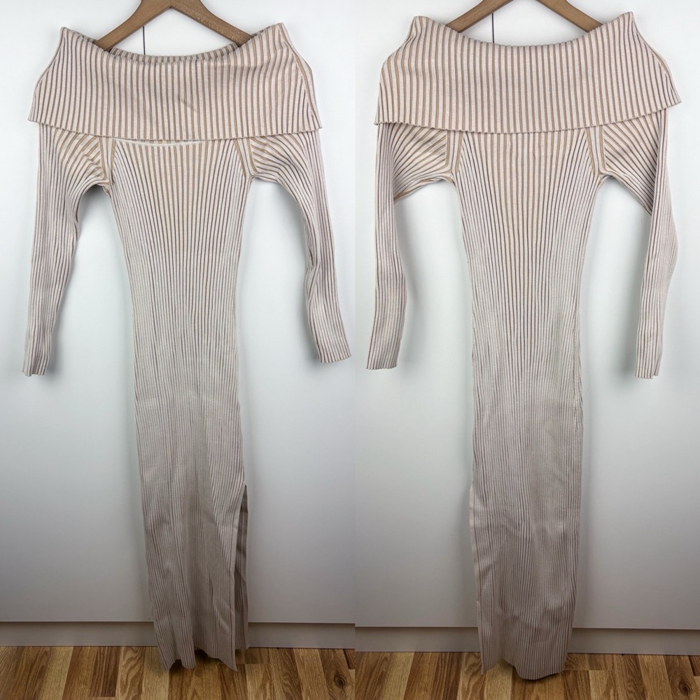Anthropologie Ribbed Off the Shoulder Midi Sweater Dress Beige Cream Small - Picture 2 of 6